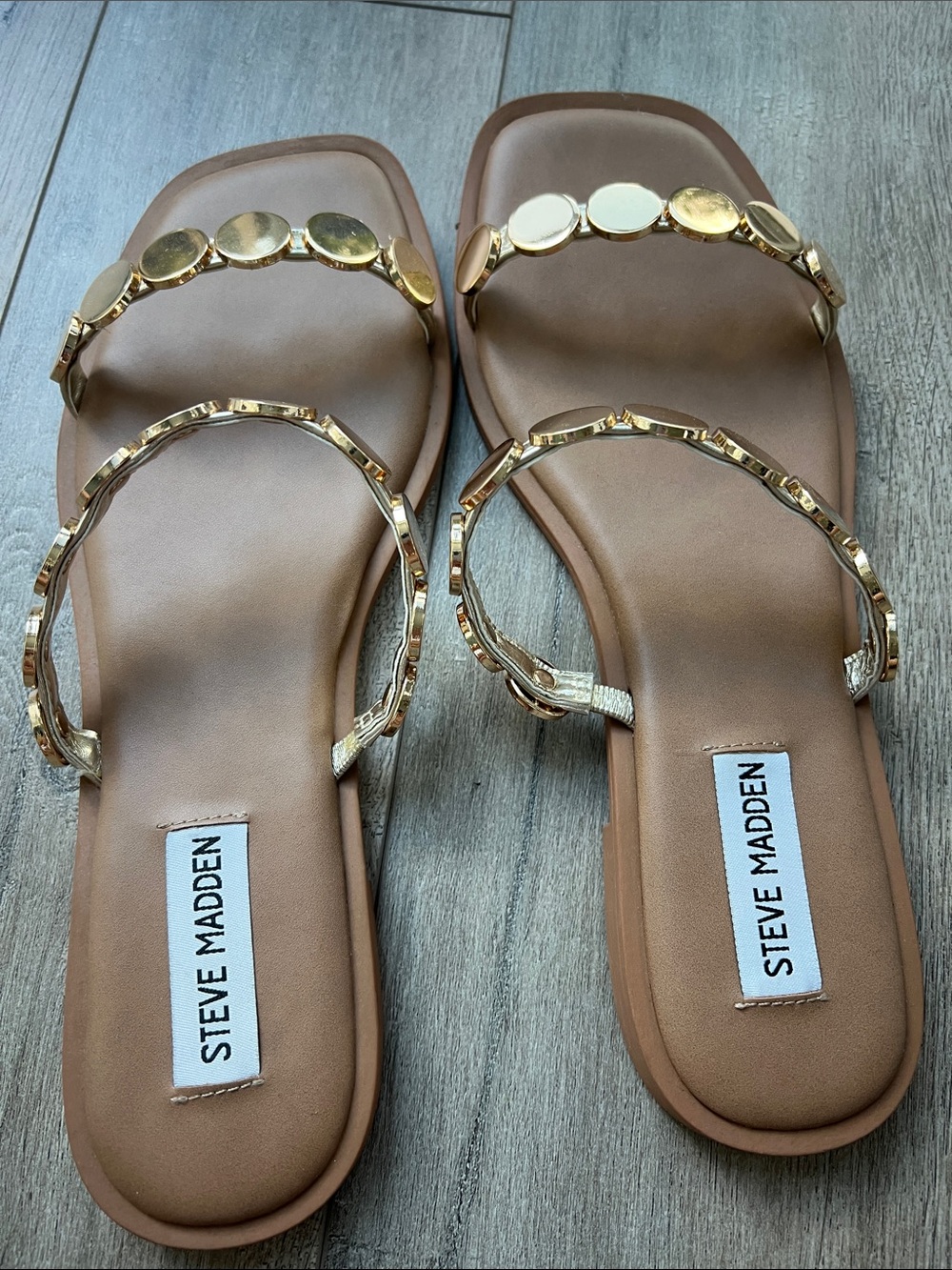 Steve Madden Tan Slide Sandals with Gold Disc Accents-size 9 - Picture 2 of 3